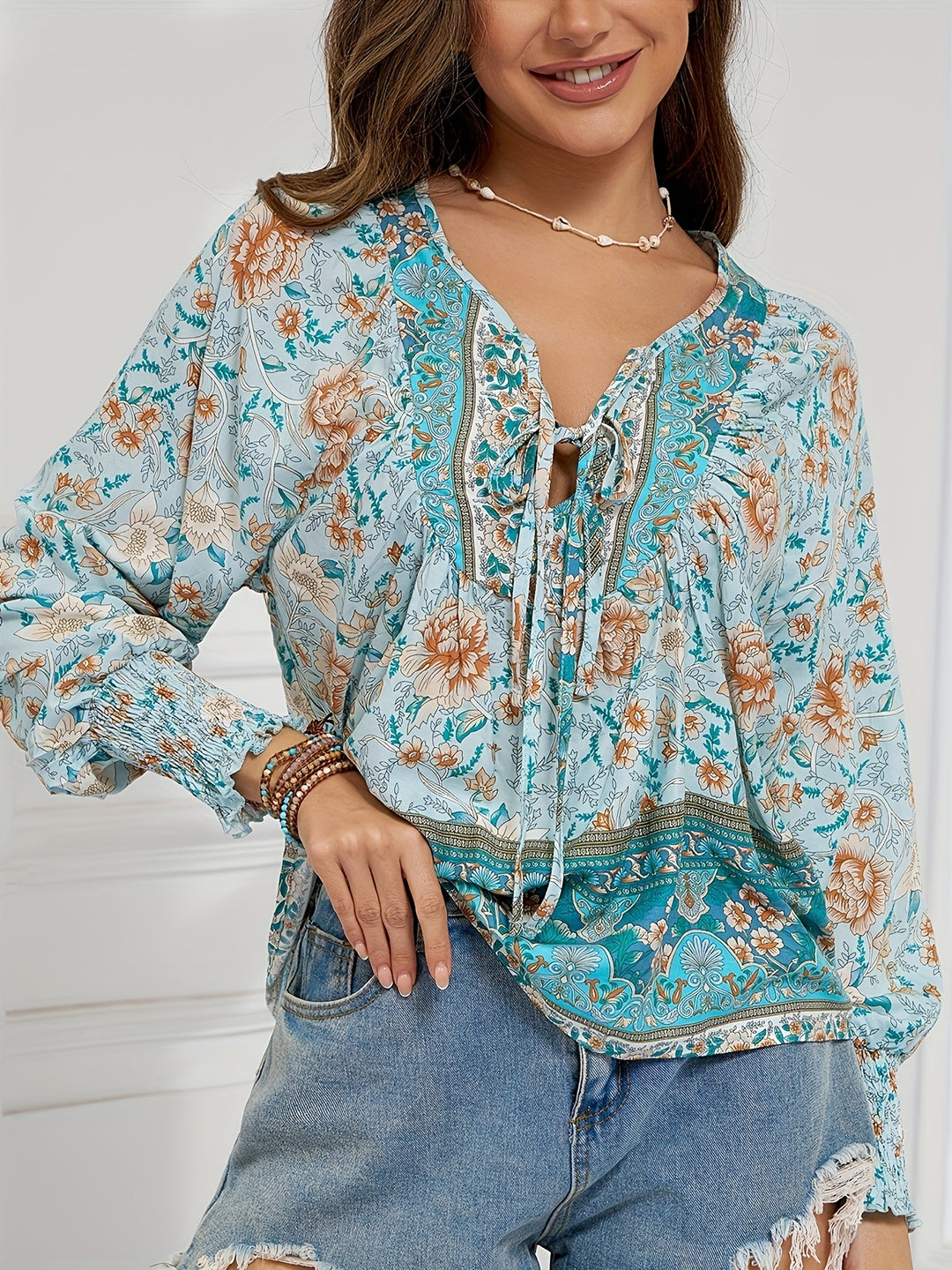 Elira Lace-Up Floral Blouse